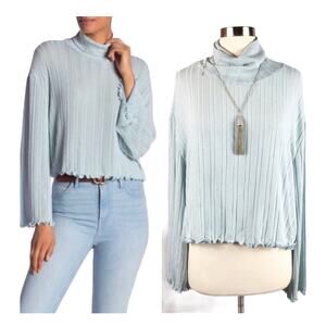 NORDSTROM ABOUND Ribbed Turtleneck Knit Sweater Lettuce Hem Long Sleeves Blue XL